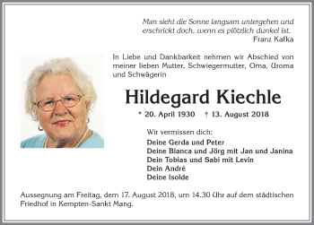 Traueranzeige von Hildegard Kiechle von Allgäuer Zeitung,Kempten