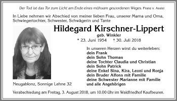 Traueranzeige von Hildegard Kirschner-Lippert von Allgäuer Zeitung, Kaufbeuren/Buchloe