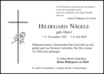 Traueranzeige von Hildegard Nägele von Memminger Zeitung