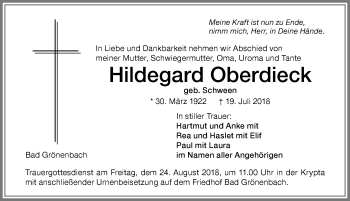 Traueranzeige von Hildegard Oberdieck von Memminger Zeitung