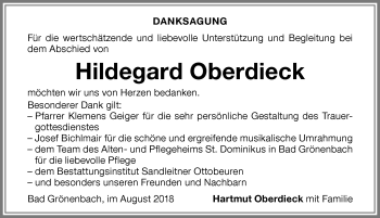 Traueranzeige von Hildegard Oberdieck von Memminger Zeitung