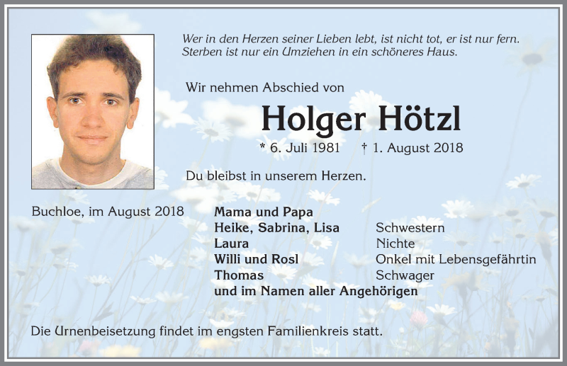  Traueranzeige für Holger Hötzl vom 14.08.2018 aus Allgäuer Zeitung, Kaufbeuren/Buchloe