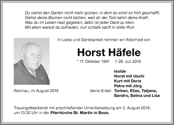 Traueranzeige von Horst Häfele von Memminger Zeitung