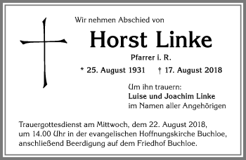Traueranzeige von Horst Linke von Allgäuer Zeitung, Kaufbeuren/Buchloe