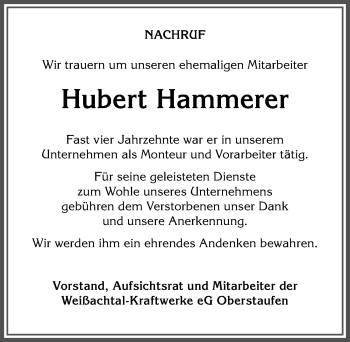 Traueranzeige von Hubert Hammerer von Allgäuer Anzeigeblatt