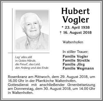 Traueranzeige von Hubert Vogler von Allgäuer Zeitung,Kempten