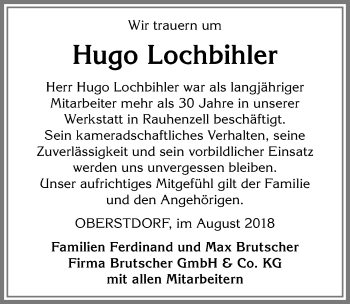 Traueranzeige von Hugo Lochbihler von Allgäuer Anzeigeblatt