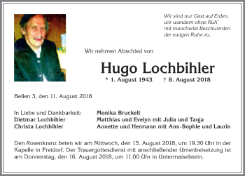 Traueranzeige von Hugo Lochbihler von Allgäuer Anzeigeblatt