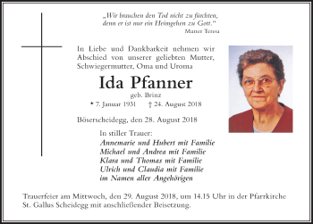 Traueranzeige von Ida Pfanner von Der Westallgäuer