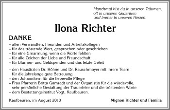Traueranzeige von Ilona Richter von Allgäuer Zeitung, Kaufbeuren/Buchloe