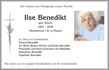 Traueranzeige von Ilse Benedikt von Allgäuer Zeitung, Füssen