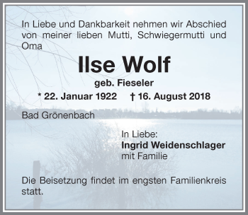 Traueranzeige von Ilse Wolf von Memminger Zeitung