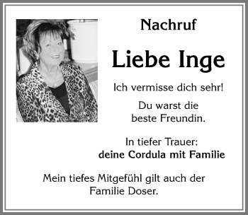 Traueranzeige von Inge Doser von Allgäuer Zeitung, Füssen