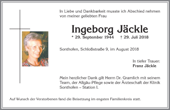 Traueranzeige von Ingeborg Jäckle von Allgäuer Anzeigeblatt
