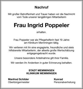 Traueranzeige von Ingrid Poppeler von Memminger Zeitung