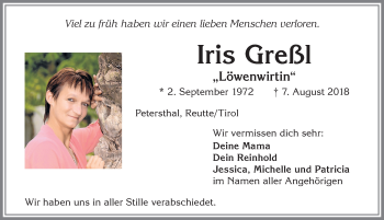 Traueranzeige von Iris Greßl von Allgäuer Zeitung,Kempten