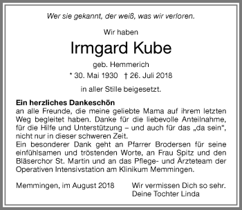 Traueranzeige von Irmgard Kube von Memminger Zeitung