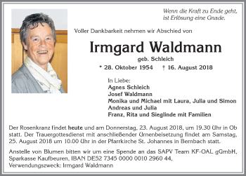 Traueranzeige von Irmgard Waldmann von Allgäuer Zeitung, Marktoberdorf
