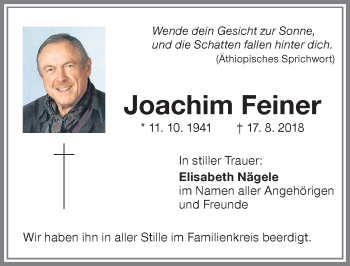 Traueranzeige von Joachim Feiner von Allgäuer Zeitung