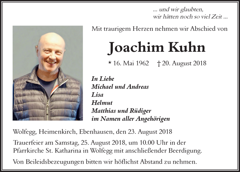 Traueranzeige für Joachim Kuhn vom 23.08.2018 aus Der Westallgäuer