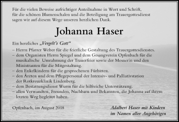 Traueranzeige von Johanna Haser von Der Westallgäuer
