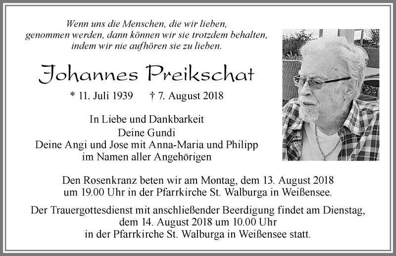  Traueranzeige für Johannes Preikschat vom 11.08.2018 aus Allgäuer Zeitung, Füssen