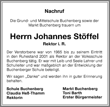 Traueranzeige von Johannes Stöffel von Allgäuer Zeitung,Kempten