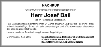 Traueranzeige von Josef Bail von Memminger Zeitung