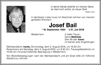 Traueranzeige von Josef Bail von Memminger Zeitung
