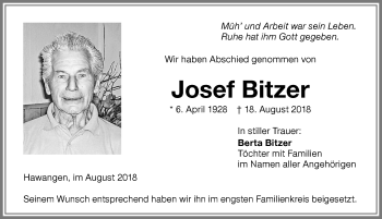 Traueranzeige von Josef Bitzer von Memminger Zeitung