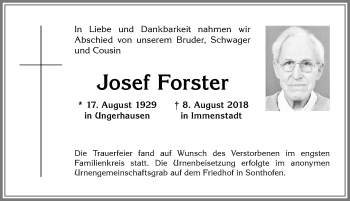 Traueranzeige von Josef Forster von Allgäuer Anzeigeblatt
