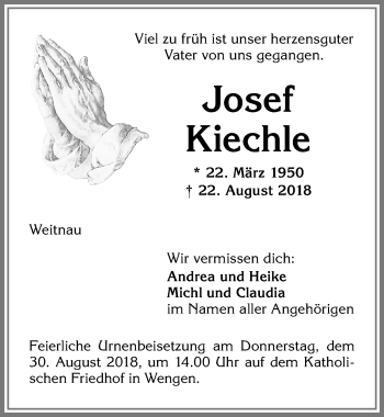 Traueranzeige von Josef Kiechle von Allgäuer Zeitung,Kempten