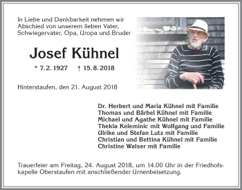 Traueranzeige von Josef Kühnel von Allgäuer Anzeigeblatt