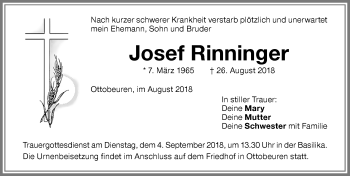 Traueranzeige von Josef Rinninger von Memminger Zeitung