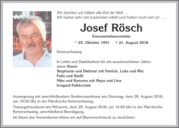 Traueranzeige von Josef Rösch von Allgäuer Zeitung, Kaufbeuren/Buchloe