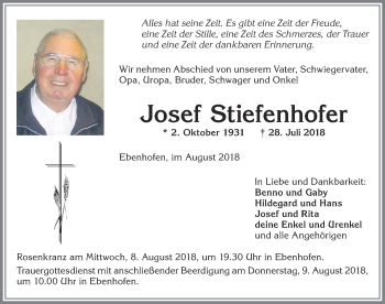 Traueranzeige von Josef Stiefenhofer von Allgäuer Zeitung, Marktoberdorf