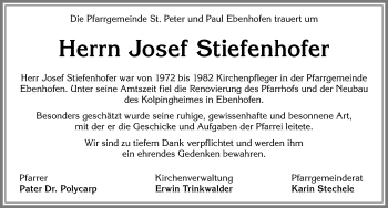Traueranzeige von Josef Stiefenhofer von Allgäuer Zeitung, Marktoberdorf