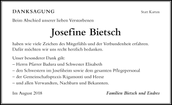 Traueranzeige von Josefine Bietsch von Der Westallgäuer