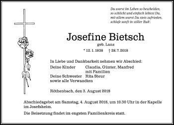 Traueranzeige von Josefine Bietsch von Der Westallgäuer