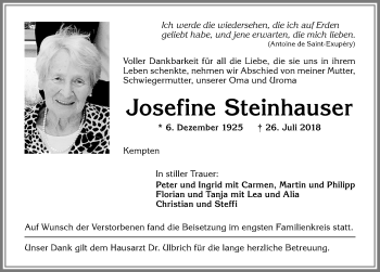 Traueranzeige von Josefine Steinhauser von Allgäuer Zeitung,Kempten
