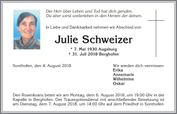 Traueranzeige von Julie Schweizer von Allgäuer Anzeigeblatt