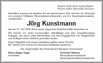 Traueranzeige von Jörg Kunstmann von Allgäuer Zeitung,Kempten