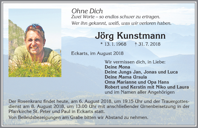 Traueranzeige für Jörg Kunstmann vom 06.08.2018 aus Allgäuer Zeitung