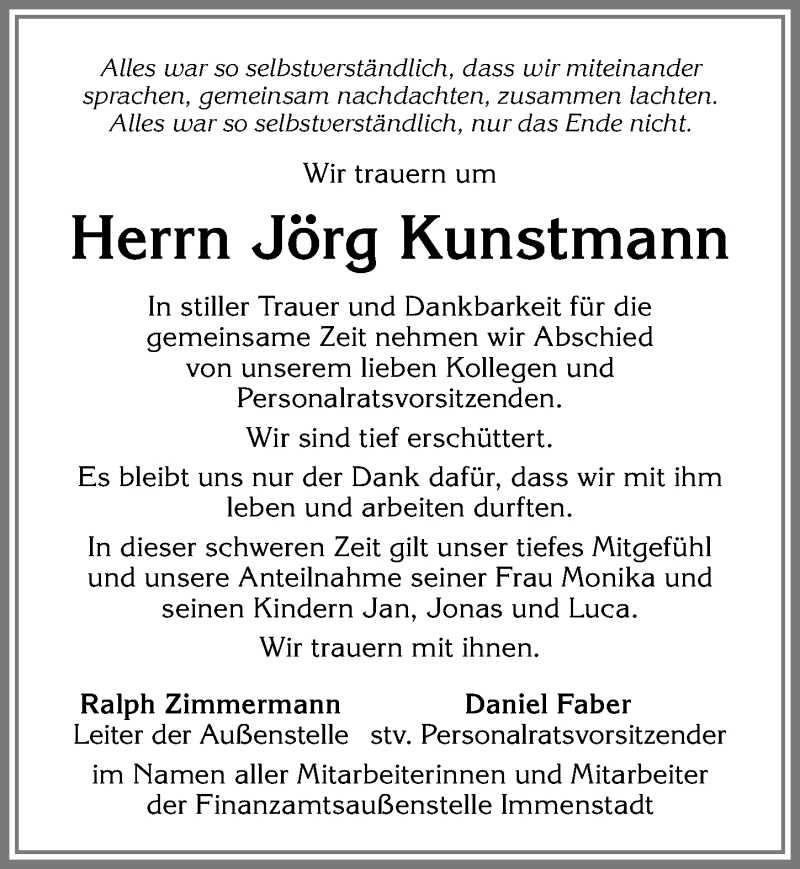  Traueranzeige für Jörg Kunstmann vom 07.08.2018 aus Allgäuer Anzeigeblatt