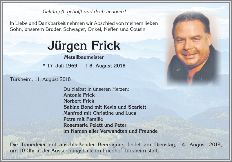  Traueranzeige für Jürgen Frick vom 11.08.2018 aus Allgäuer Zeitung