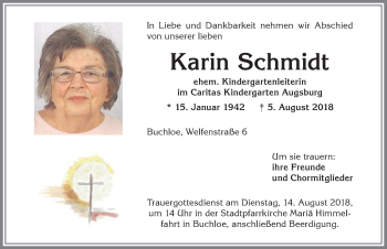 Traueranzeige von Karin Schmidt von Allgäuer Zeitung, Kaufbeuren/Buchloe