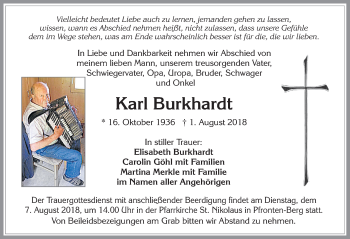 Traueranzeige von Karl Burkhardt von Allgäuer Zeitung, Füssen