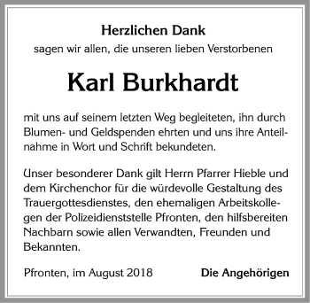 Traueranzeige von Karl Burkhardt von Allgäuer Zeitung, Füssen