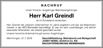 Traueranzeige von Karl Greindl von Memminger Zeitung