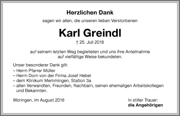 Traueranzeige von Karl Greindl von Memminger Zeitung